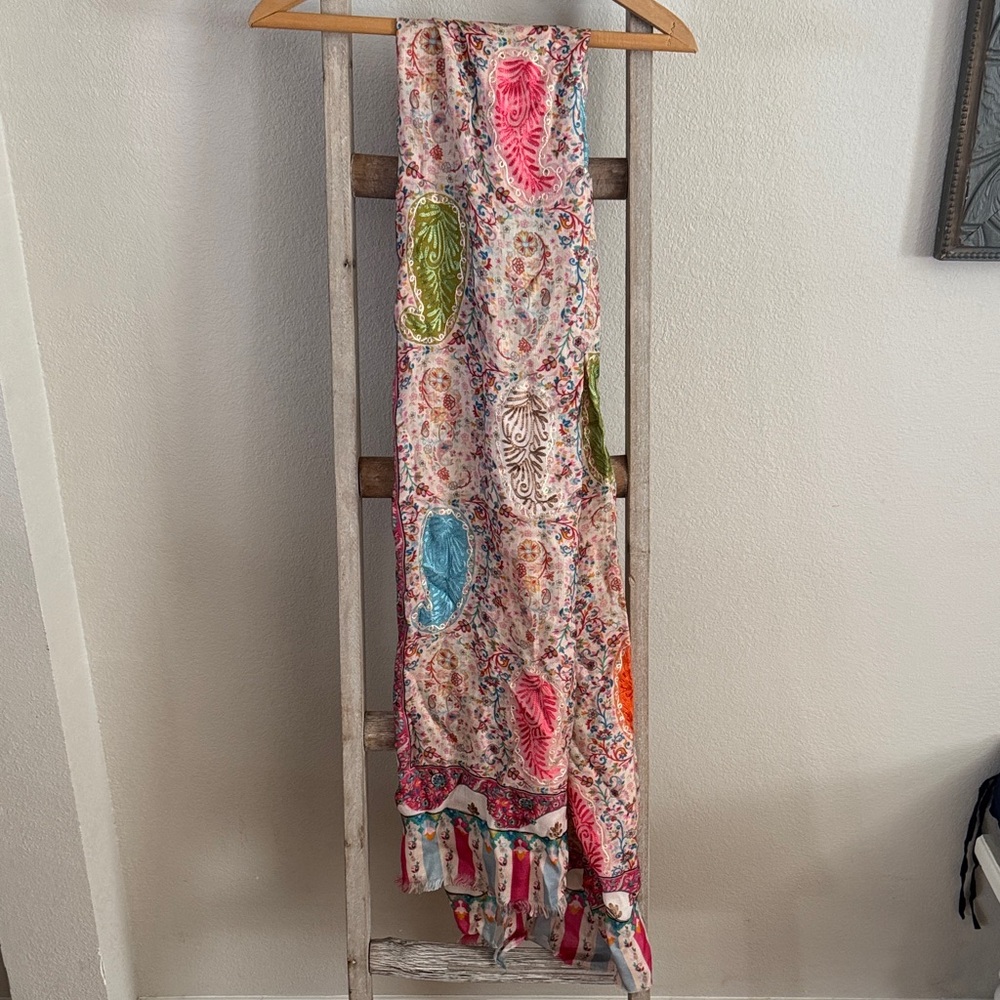 Vibrant Boho Handmade Scarf with Tassels – Bold Red Pink Green & Blue Pattern